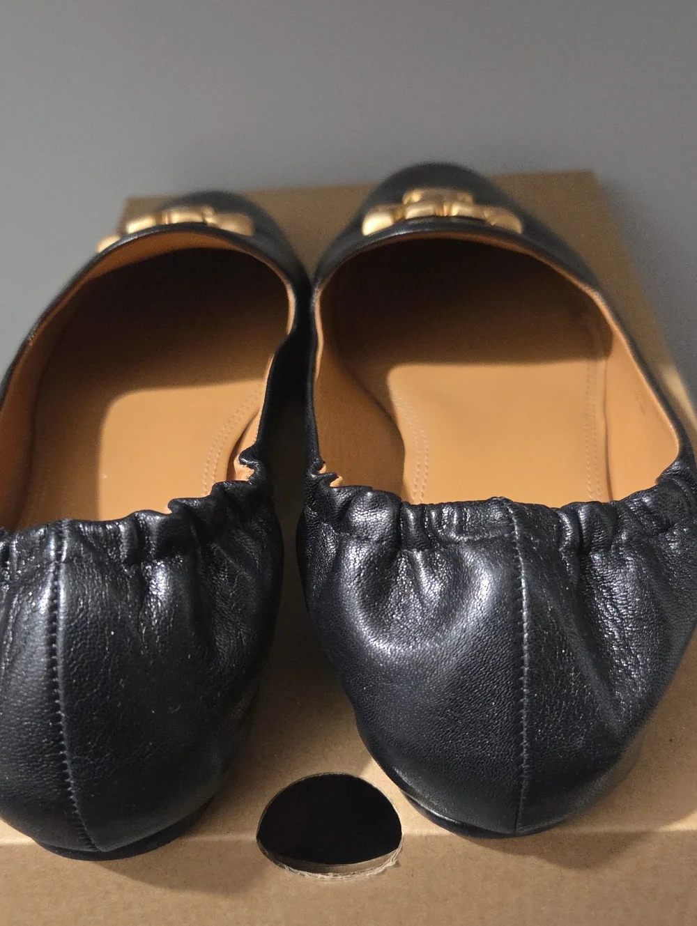 Tory Burch Black Leather Loafers with Gold Logo Medallion